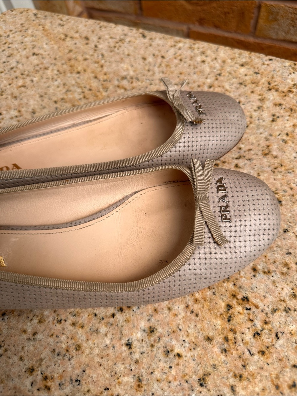 Prada Taupe Perforated Ballet Flats with Bow Accent, Size 37 1/2